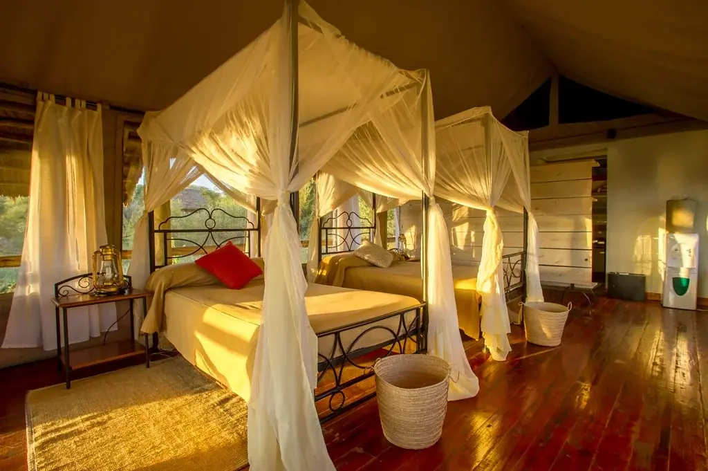 Twin canopy beds inside a family tent at Burunge Tented Lodge with polished dark wood flooring