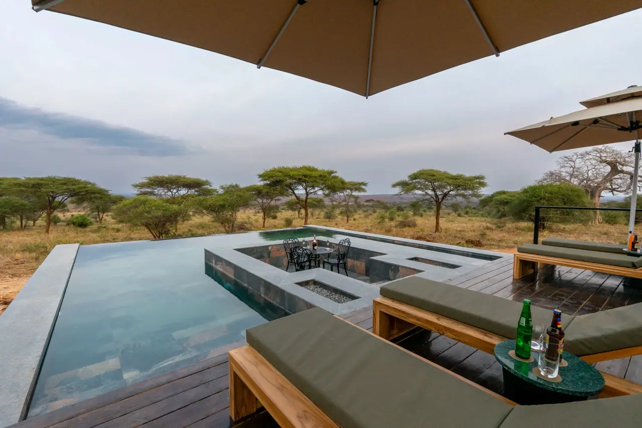 Infinity pool deck with sun loungers and drinks overlooking acacia bushland at Elephant Springs
