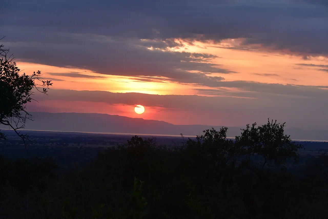 Twilight clouds glowing over the Tarangire plains from the lodge viewpoint
