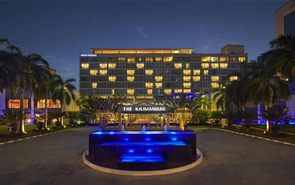 Hyatt Regency Dar es Salaam, The Kilimanjaro, illuminated at night with its fountain-lined entrance drive