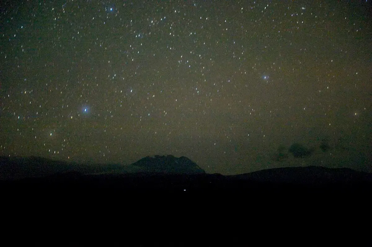 Star-filled night sky over the silhouette of Kilimanjaro seen from Kambi ya Tembo