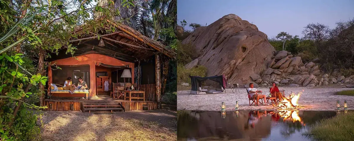 Split view of a canvas guest tent porch and a bush fireside seating area beside boulders at Kisima Ngeda Tented Camp, Lake Eyasi