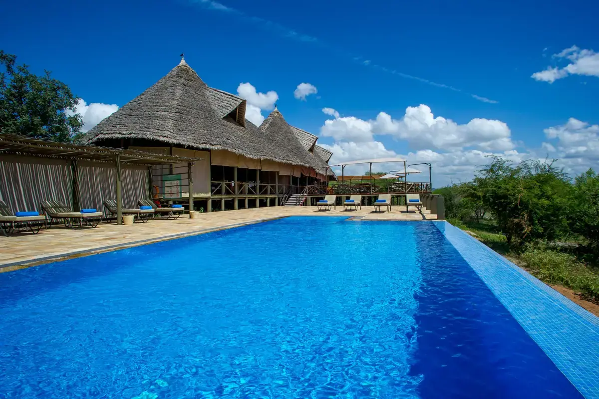 Swimming pool beside the thatched main lodge at Lake Burunge Baobab Tented Lodge on the Tarangire boundary