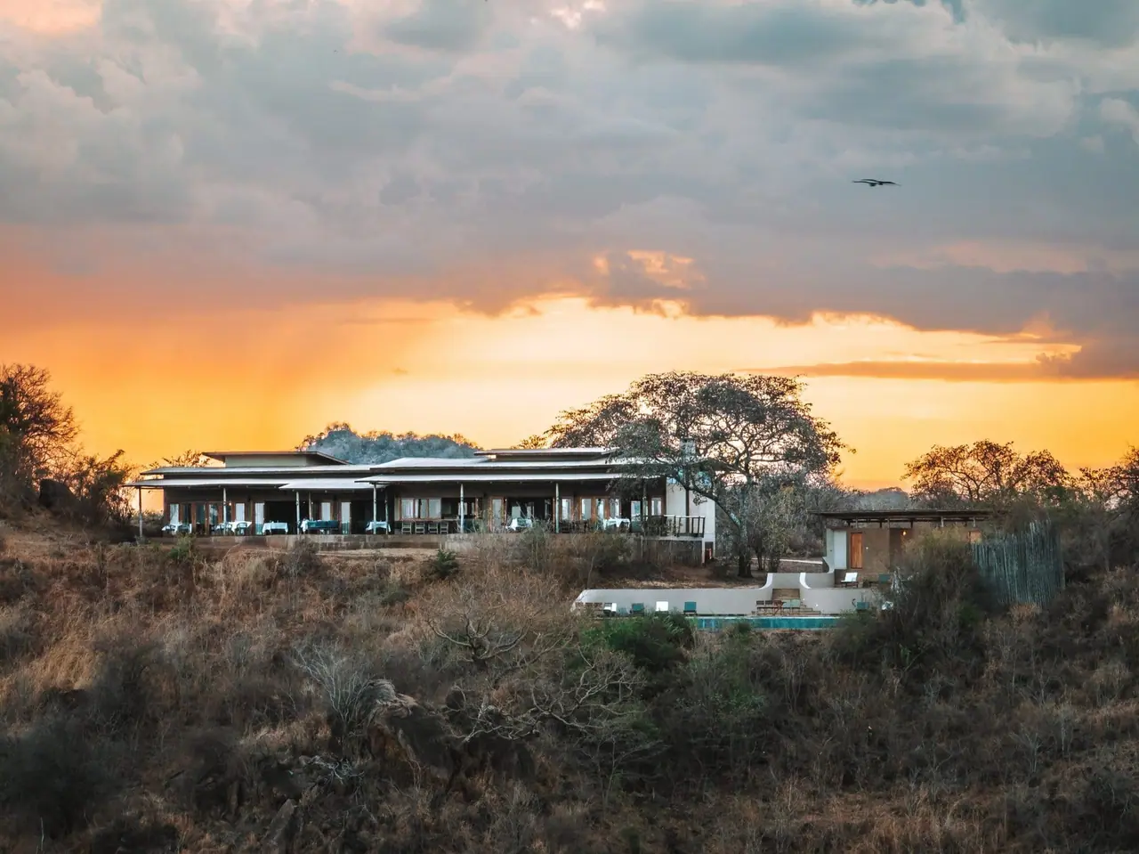 The lodge at sunset across the Tarangire escarpment