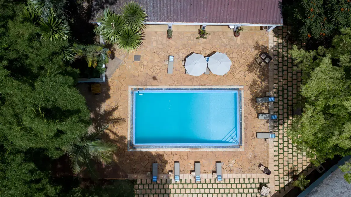 Aerial view of the swimming pool and sun deck at Ngorongoro Farm House