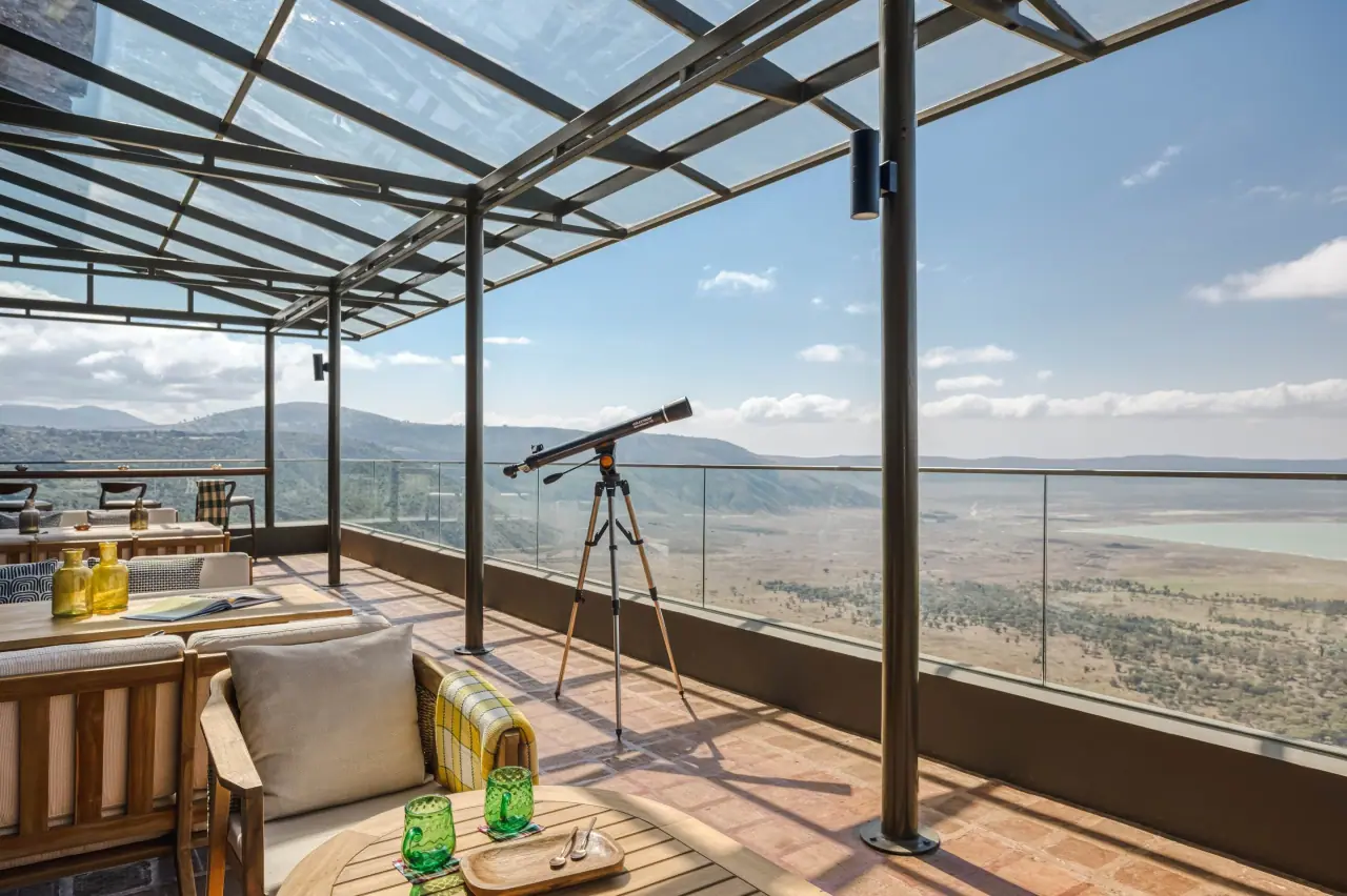 Rooftop terrace with a telescope at Ngorongoro Lodge, The Rim Room (Meliá Collection), overlooking the crater floor