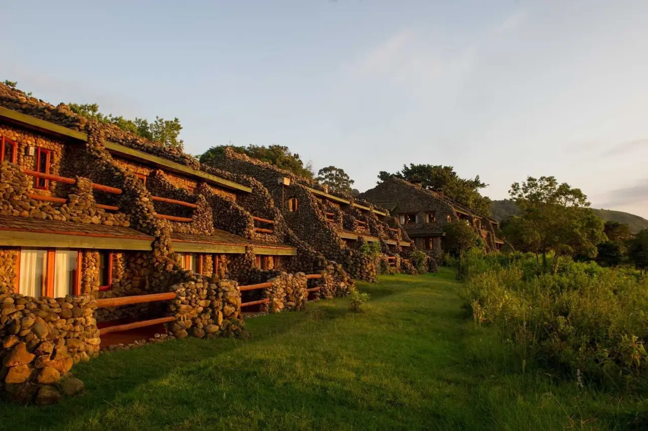 Row of stone-and-timber guest rooms at Ngorongoro Serena Safari Lodge along the crater rim
