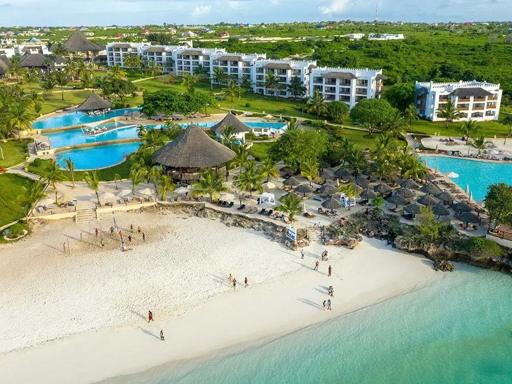 Aerial view of the Royal Zanzibar beachfront resort with its lagoon pools and white sand beach