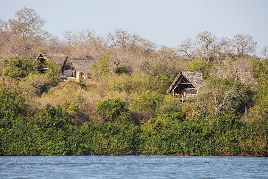 View from the river of Sand Rivers Selous's thatched cottages built into the rocky bluff among trees