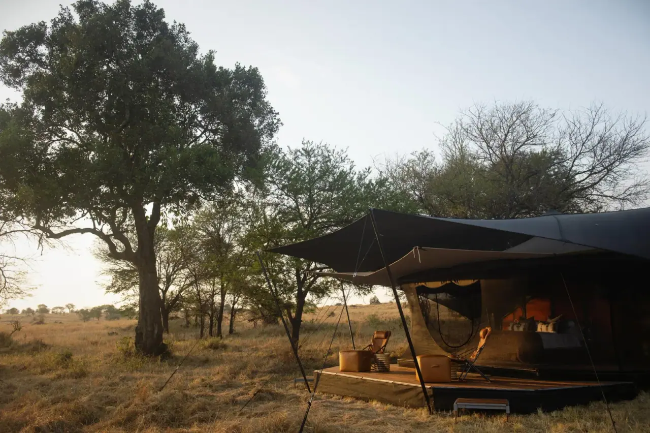 Private tent deck with seating at sunset among acacia trees at Siringit Migration Camp, Ndutu site