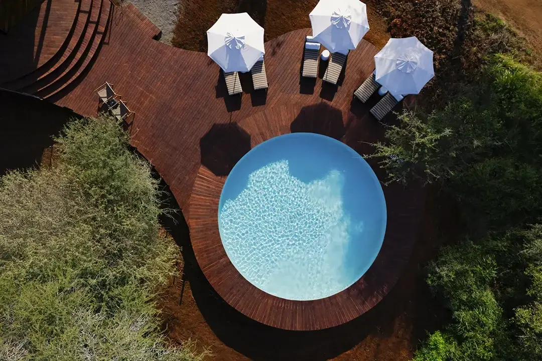 Aerial view of the circular plunge pool and wooden sundeck at Siringit Tarangire Camp surrounded by bush
