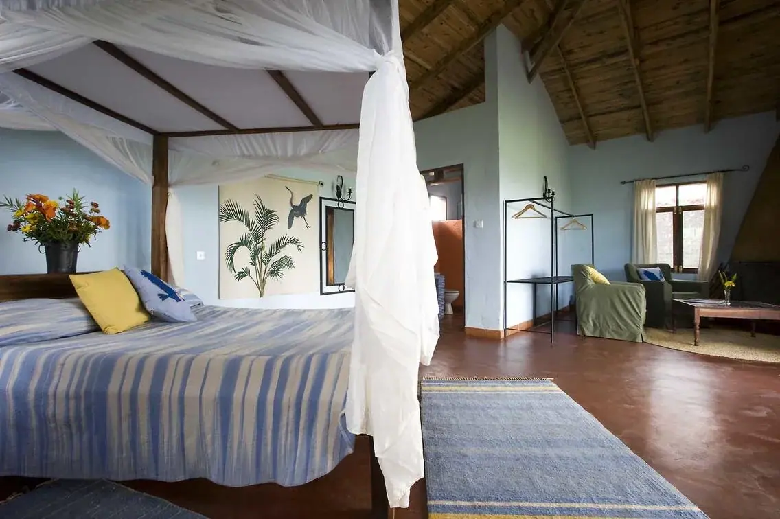 Bedroom at Tloma Lodge with a mosquito-net canopy bed, blue striped linens and thatched ceiling