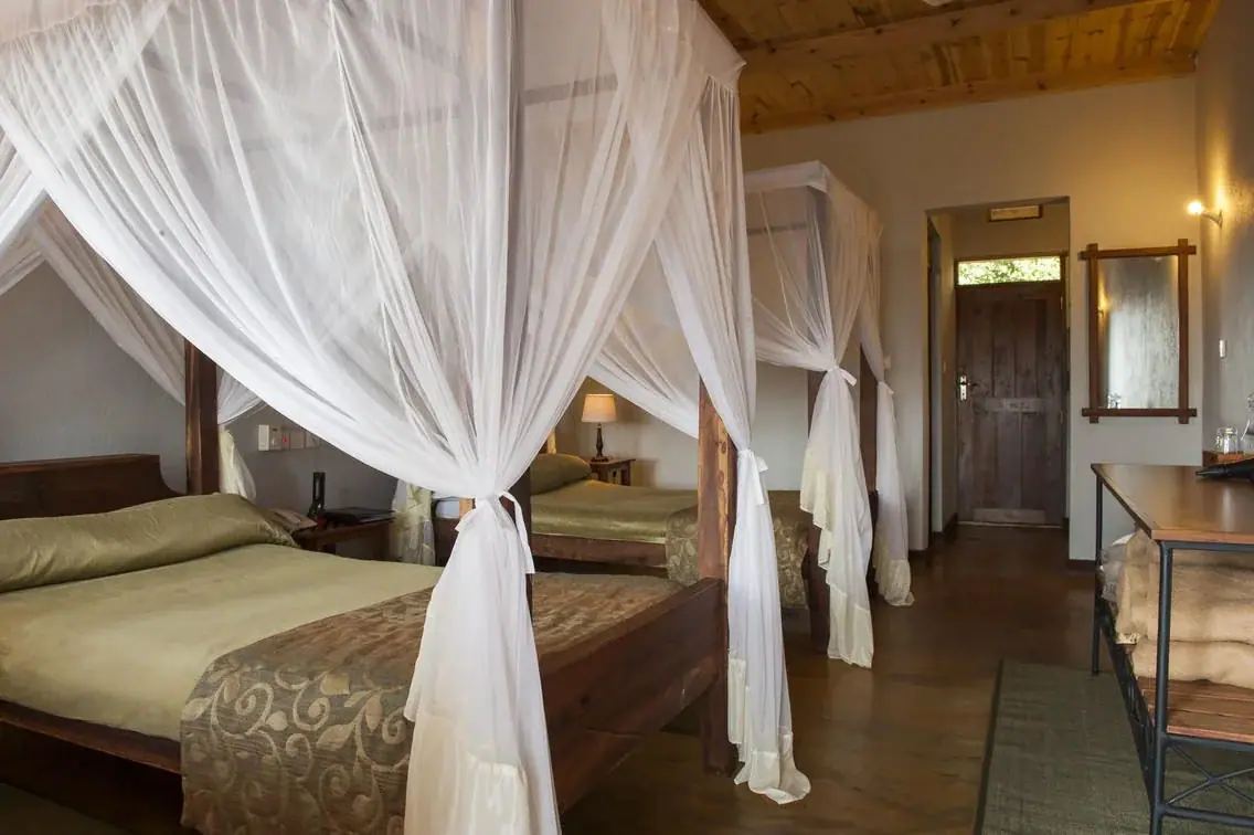 Twin canopy beds draped in mosquito netting inside a guest room at Tloma Lodge