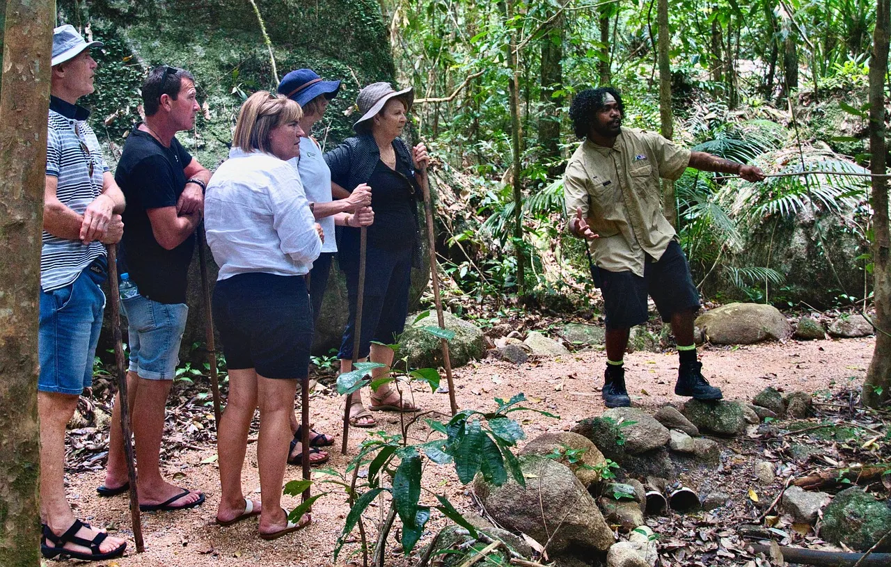 A guide leading a small group along a rainforest path