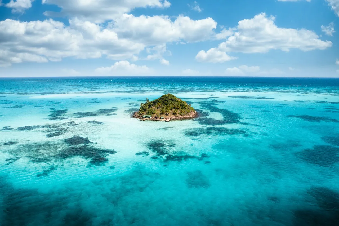 Aerial view of a small green island ringed by turquoise reef water