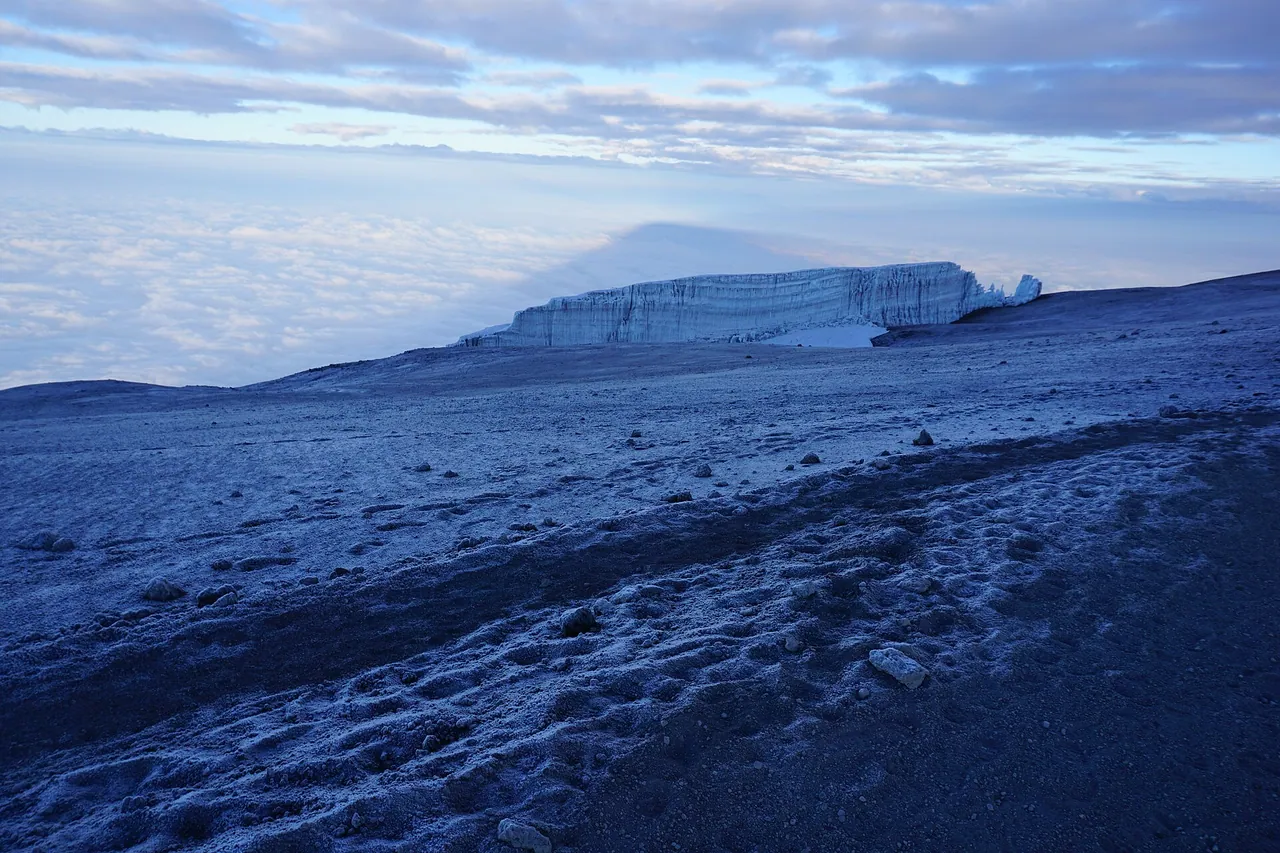 Snow and glaciers near the summit of Kilimanjaro at sunrise