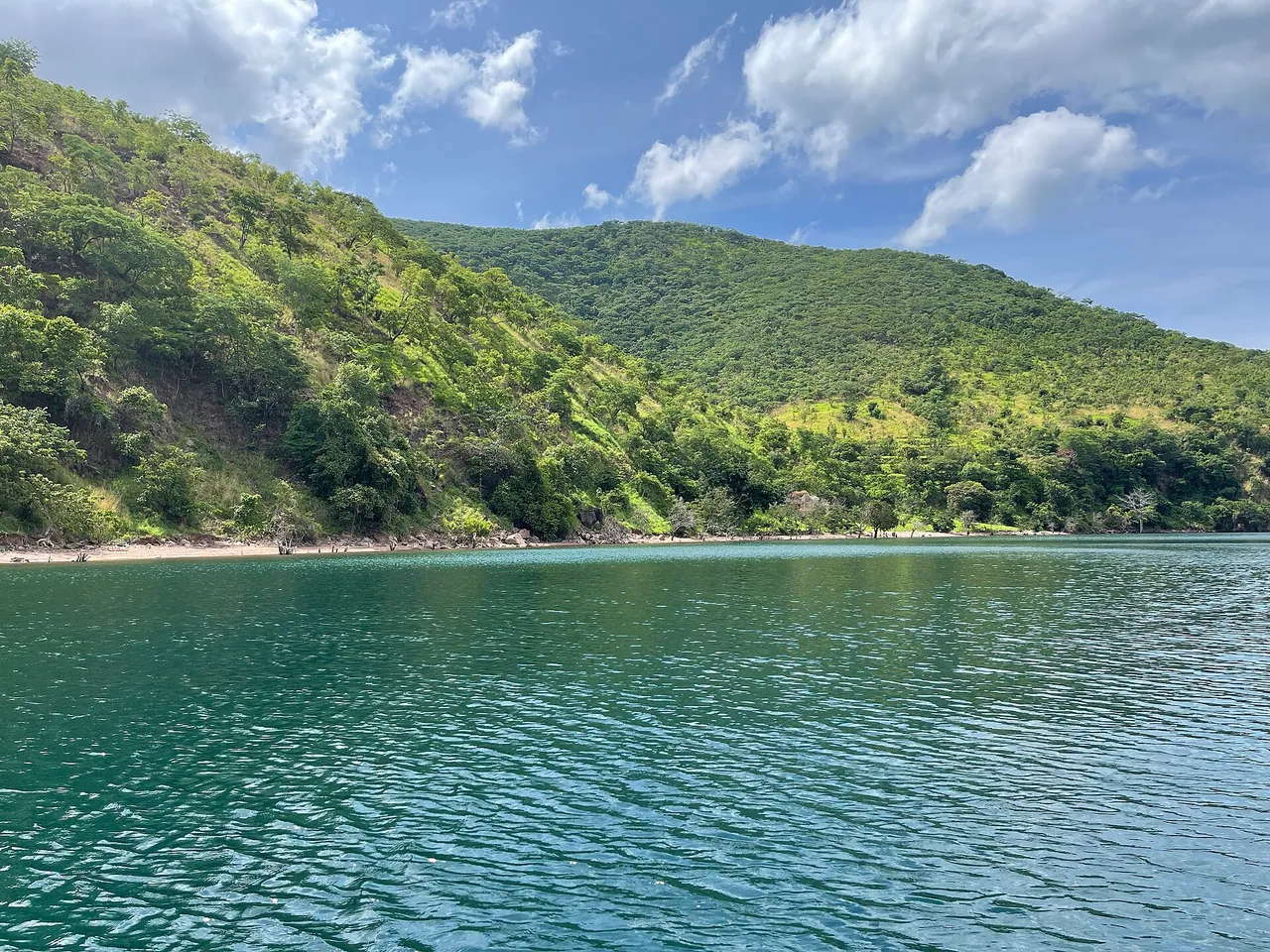 Forested green hills falling to the turquoise water of Lake Tanganyika