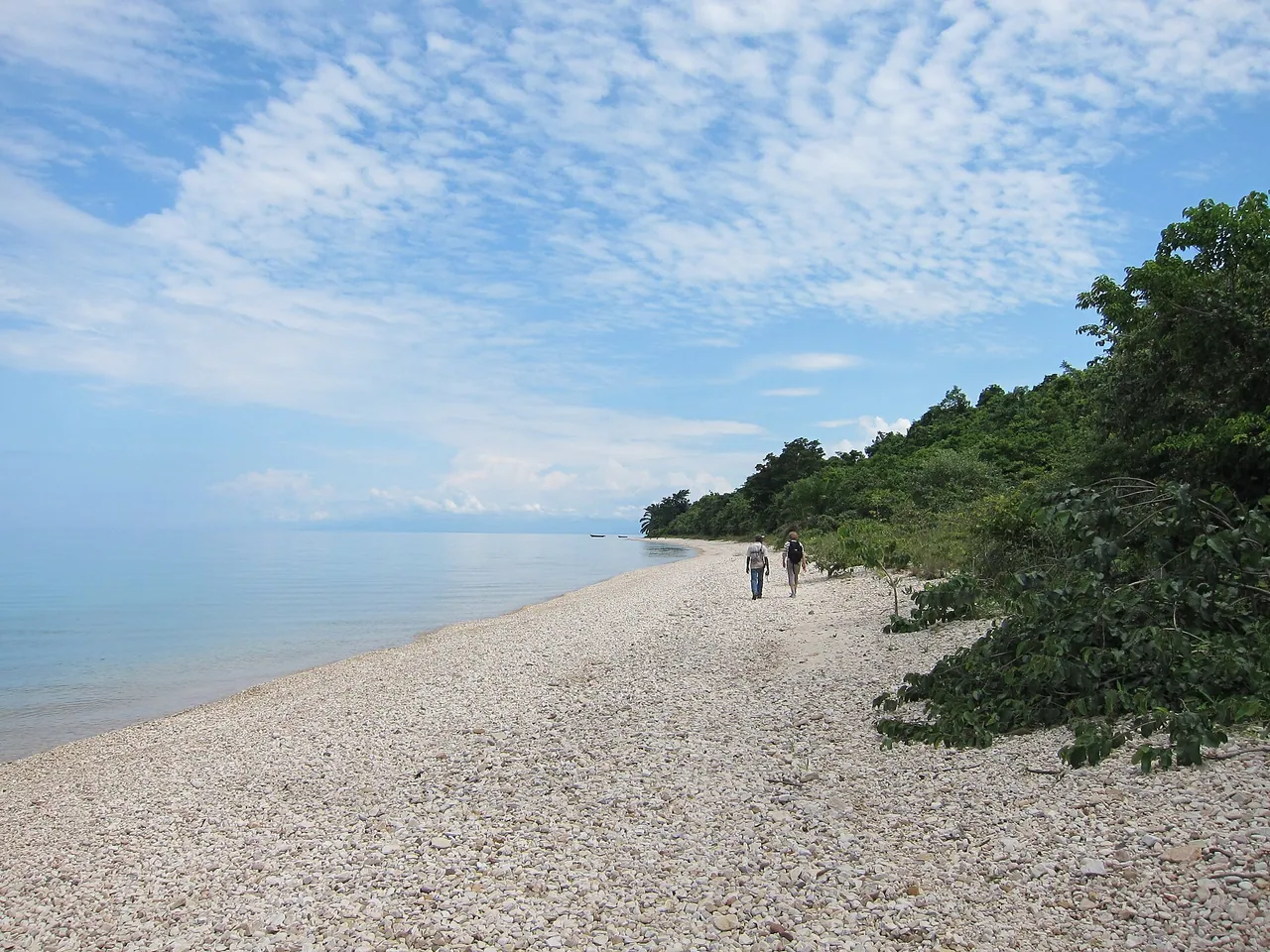 A long pale pebble beach beside Lake Tanganyika at Gombe Stream National Park