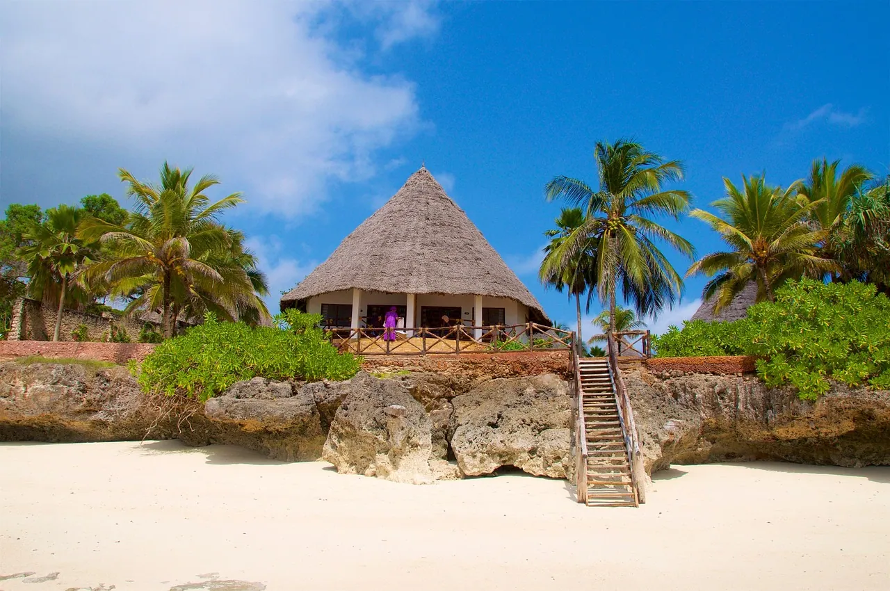 A thatched pavilion among palms on white sand