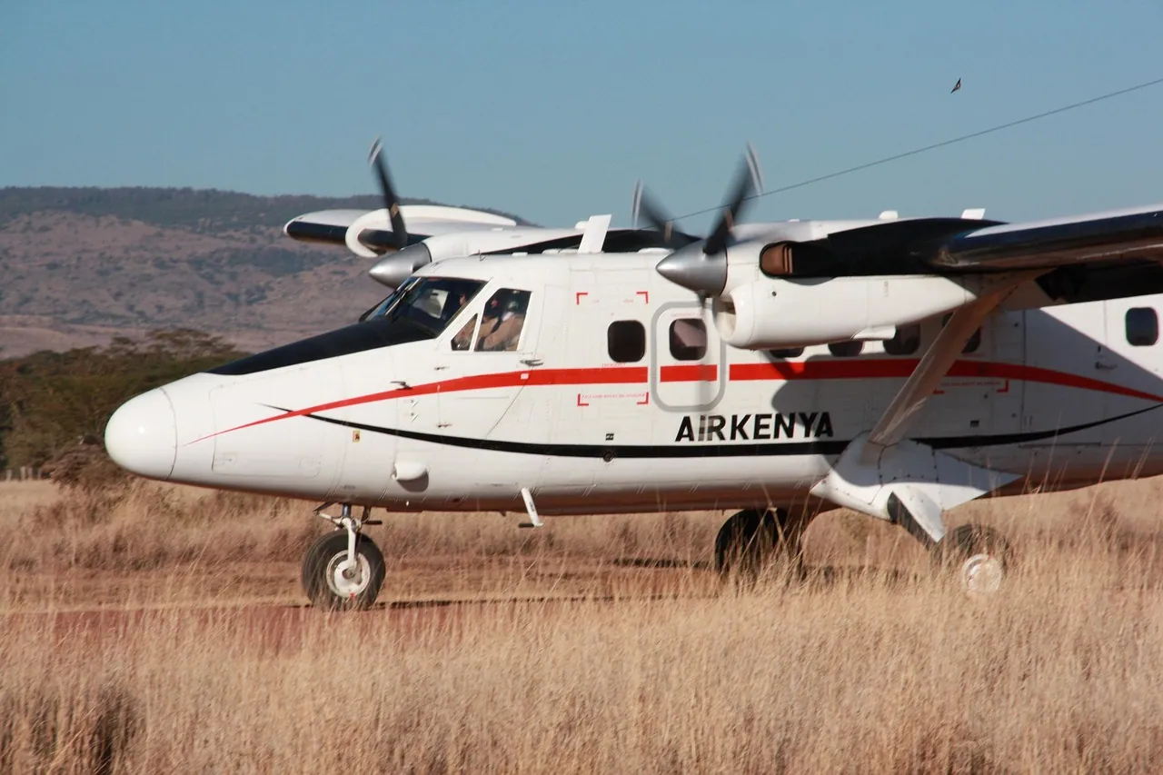 A small twin-engine plane parked on a grass airstrip